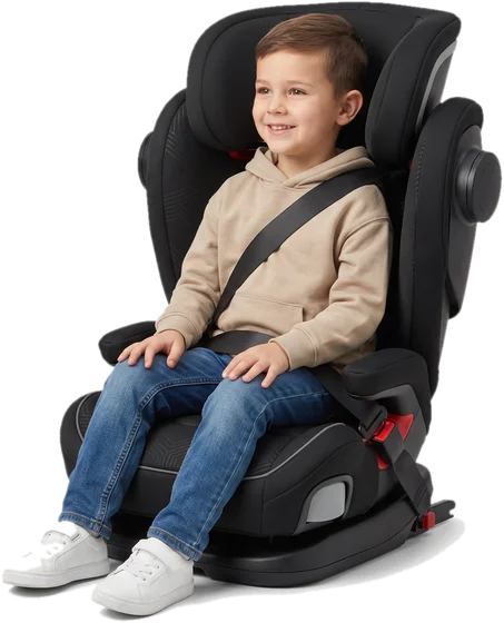 Child sitting in a high-back booster seat using the vehicle seat belt
