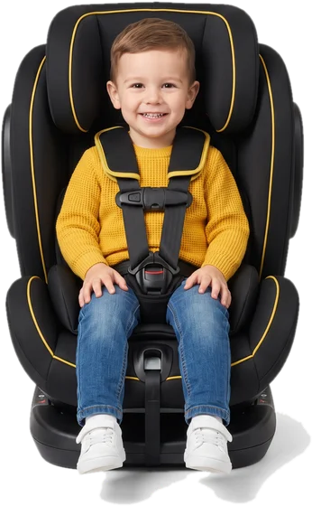 Toddler buckled into a forward-facing car seat with a five-point harness
